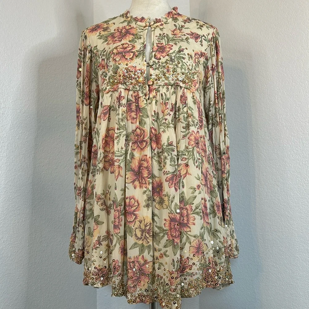 Free People  Hand Beaded Bali Golden Sun Printed Mini Dress SIZE SMALL NWT - Picture 4 of 16